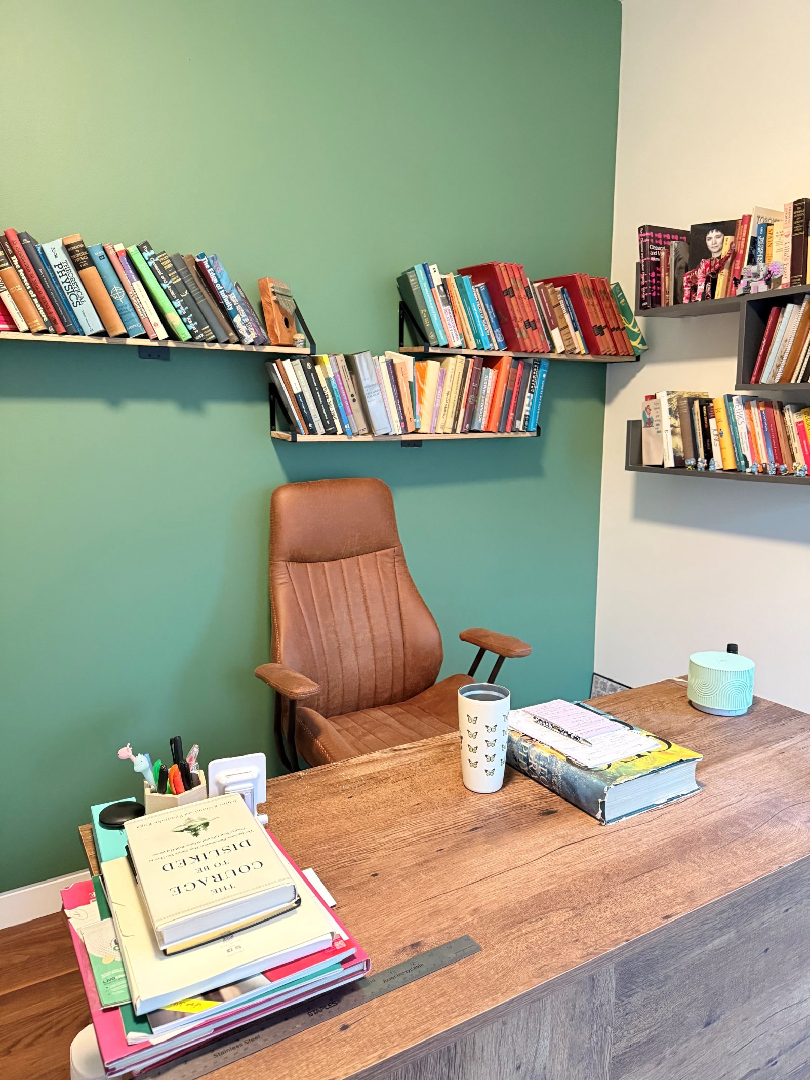 Ghazal's office — green wall, bookshelves and a leather chair